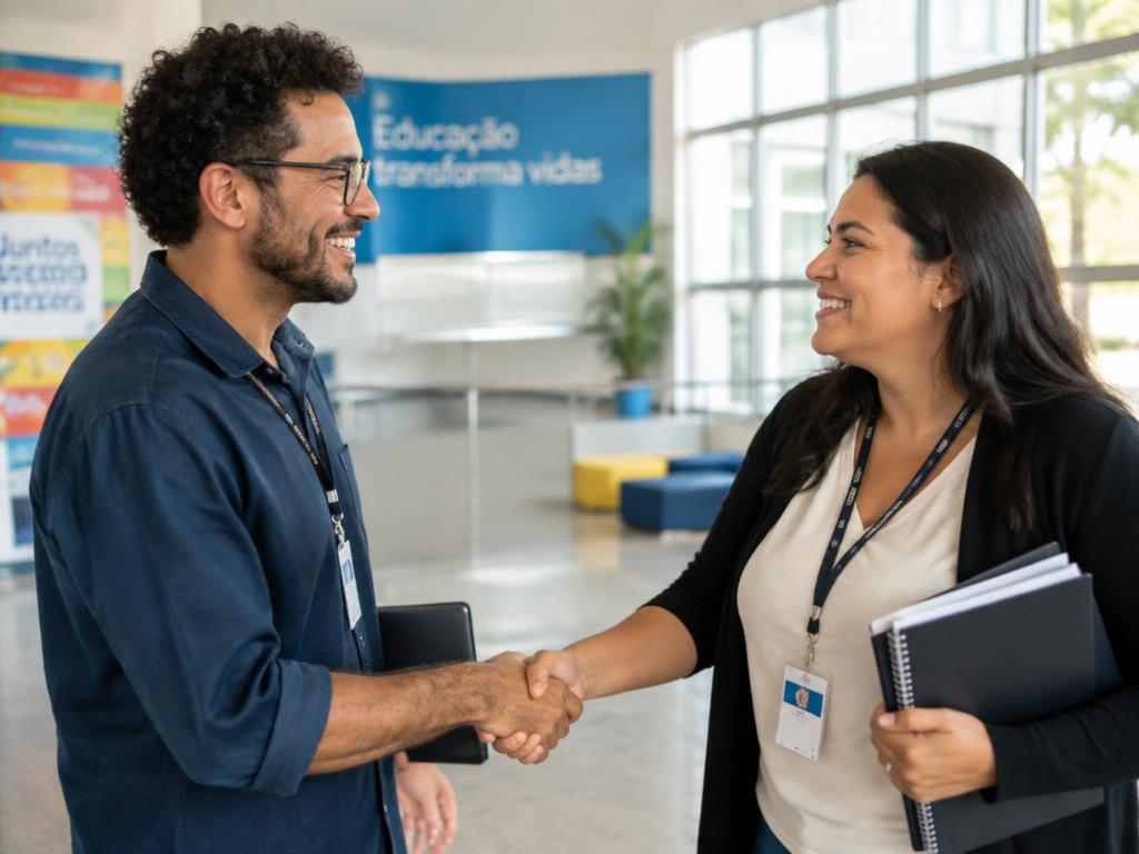 Dois educadores sorrindo e apertando as mãos em uma escola